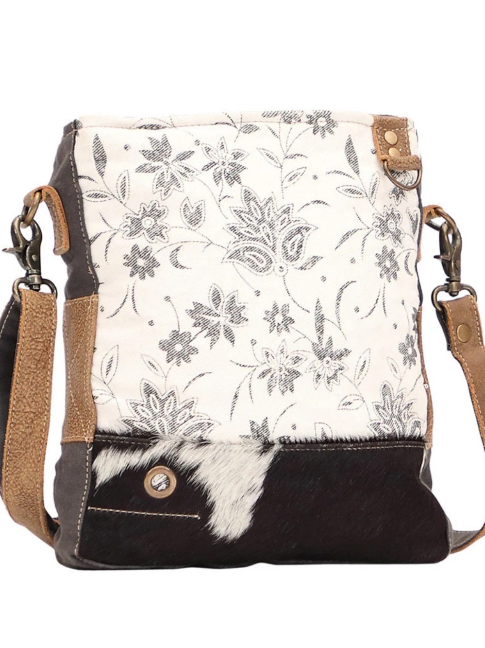 Myra Albino White Floral Canvas Cowhide Accent Western Boho Shoulder Bag Purse